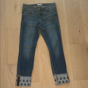 LOFT Dark Blue Cropped Jeans with Patterned Cuffs